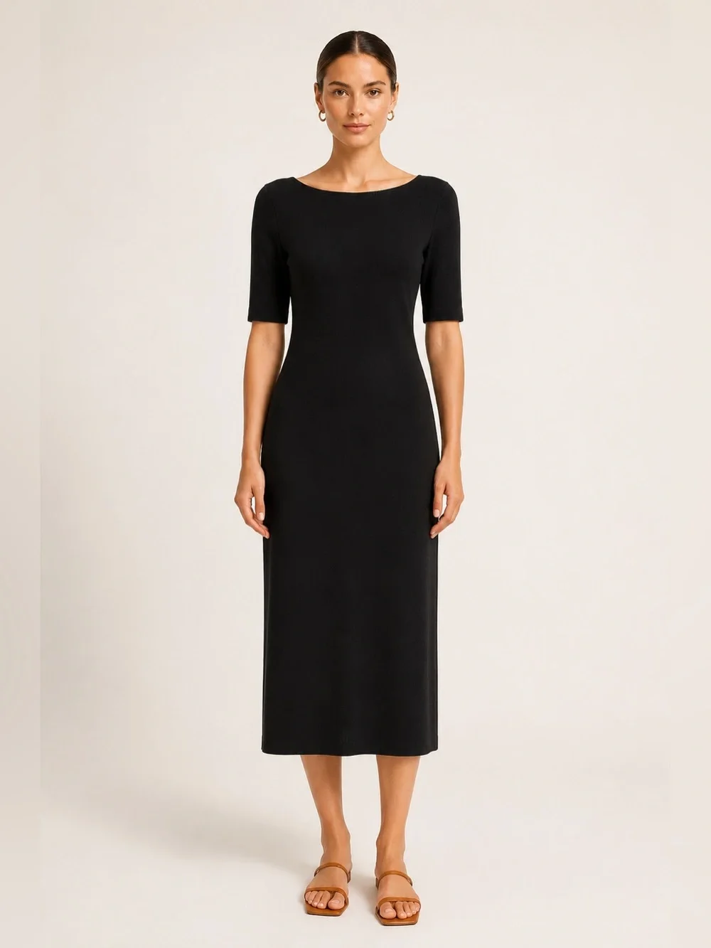 Theory Black Knit Midi Dress Open Back Cutout Minimalist Sheath S